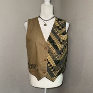 VTG Jo Ellen's Workshop Vest Unisex Tan Plaid Patchwork Handmade Size M Cottage